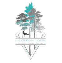 Logo Les Jardins de Landre. Silhouette d'un arboriste grimpeur dans des pins teal et gris. Services : Paysagiste, Élagage, Abattage.
