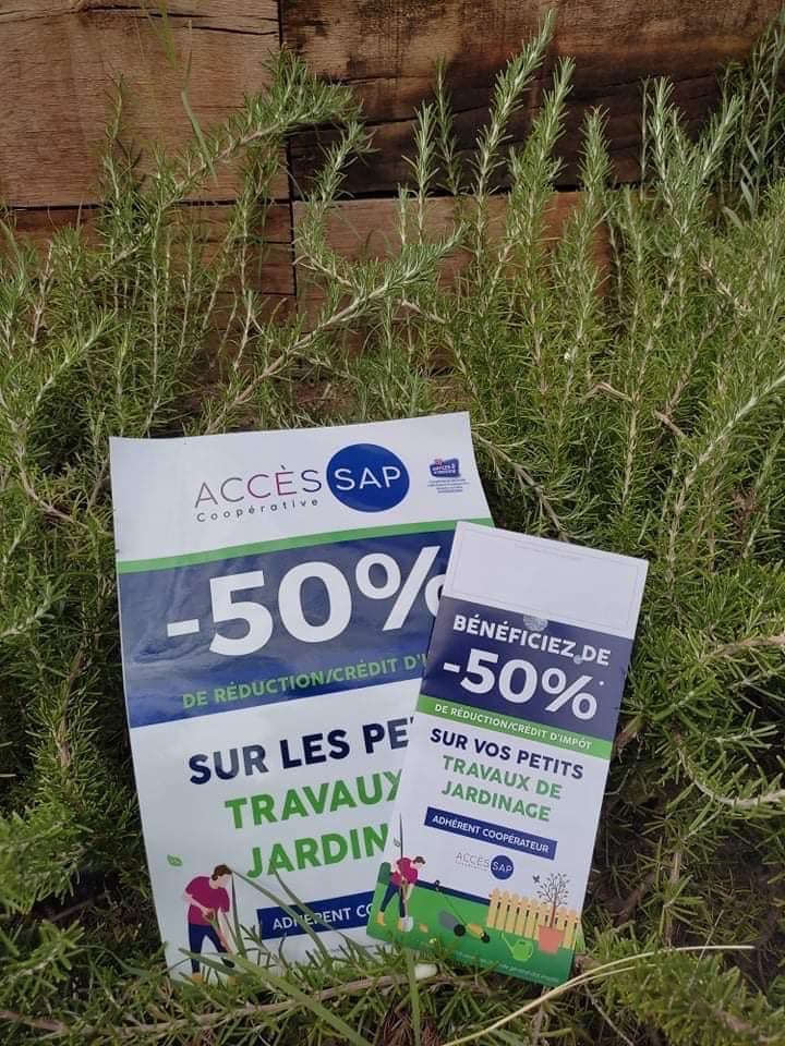 Réduction 50% travaux jardinage : Crédit d'impôt ACCÈS SAP Offre ACCÈS SAP Coopérative : Bénéficiez de -50% de réduction ou crédit d'impôt sur vos petits travaux de jardinage. Dépliants sur romarin.