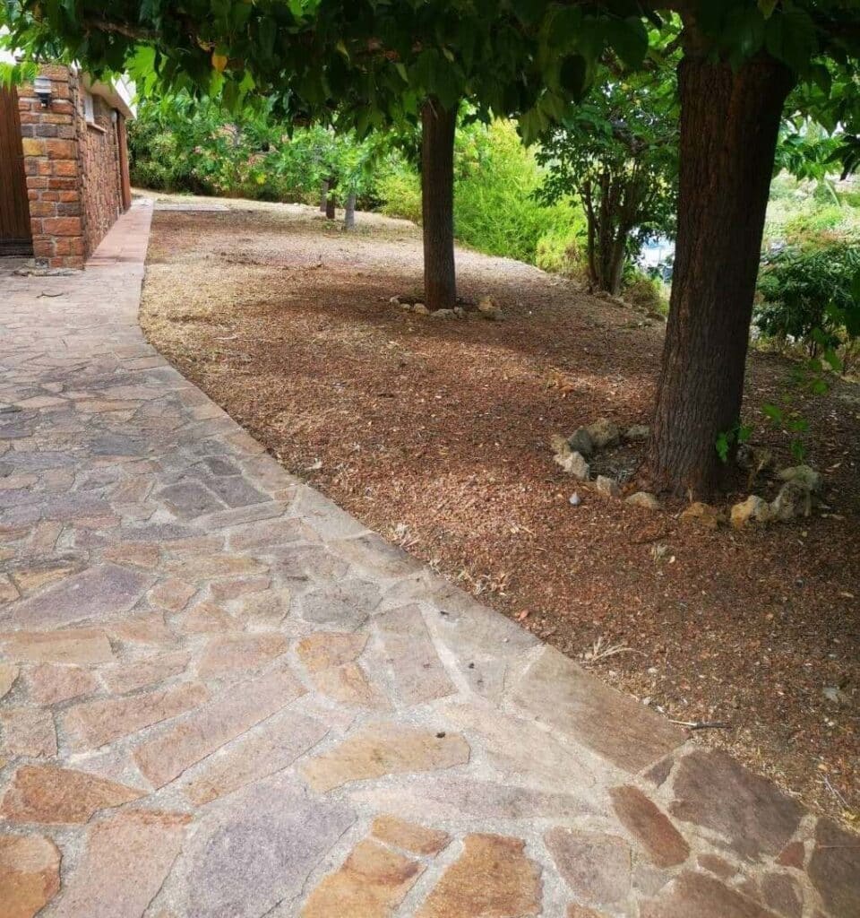 Aménagement de Jardin avec Allée en Pierre Naturelle Allée en pierres naturelles bordant un jardin ombragé avec des arbres et un mur en briques rousses.
