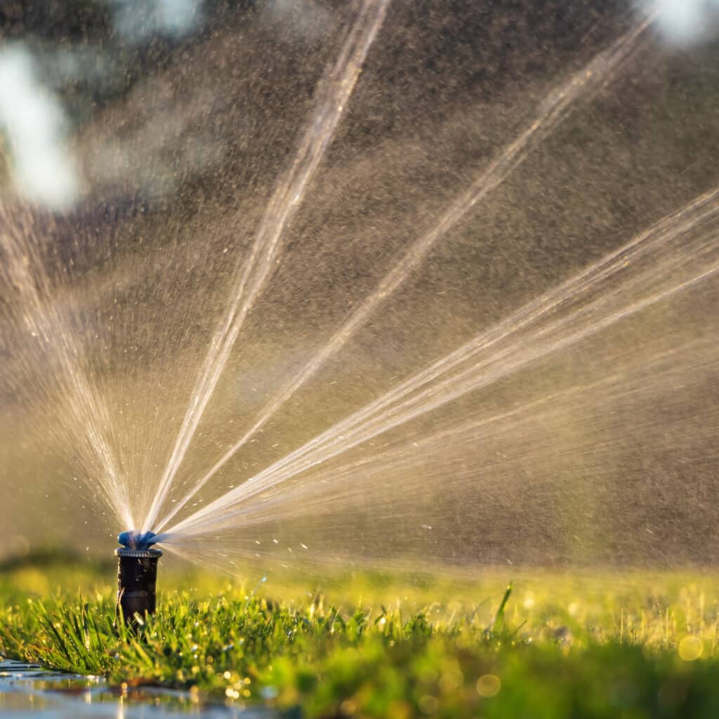 Arrosage automatique de pelouse pour un jardin sain Arroseur automatique pulvérisant des jets d'eau sur une pelouse verte sous la lumière dorée du soleil.